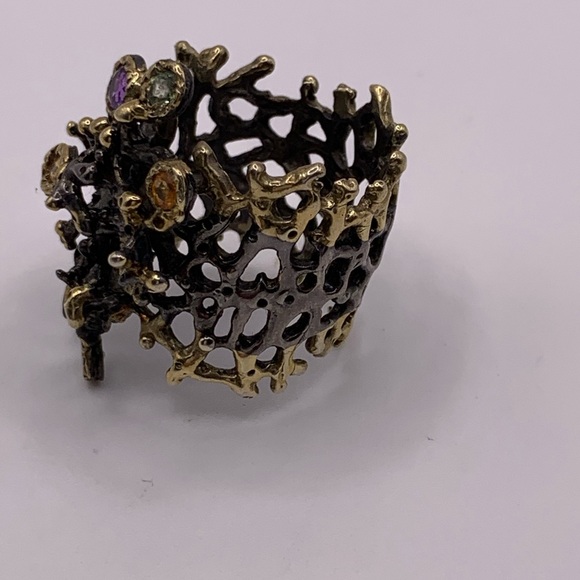 Sterling silver gold plated artisan ring with colourful gems - Picture 3 of 6